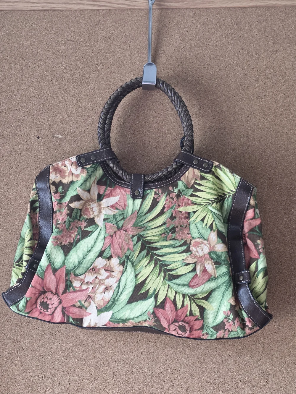 Fossil Spring Floral Canvas Satchel w/ Wooden Key Charm, 16x10, 5” Drop